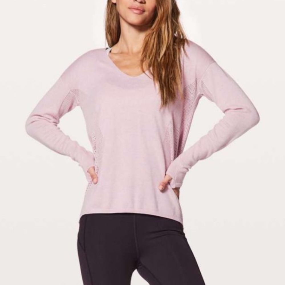 Lululemon Womens Still Movement Sweater Sz 8 Pink V-Neck Mesh Knit W3BHTS Cotton